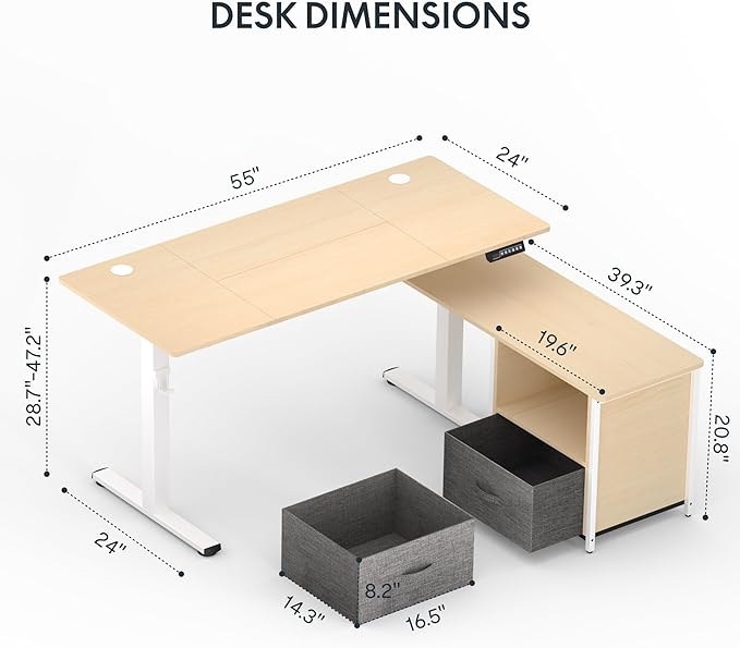 FLEXISPOT 55" L Shaped Standing Desk with Drawers and Shelves, Large Corner Stand Up Desk with Headphone Hooks for Home Office, Light Wood Grain Top+ White Frame