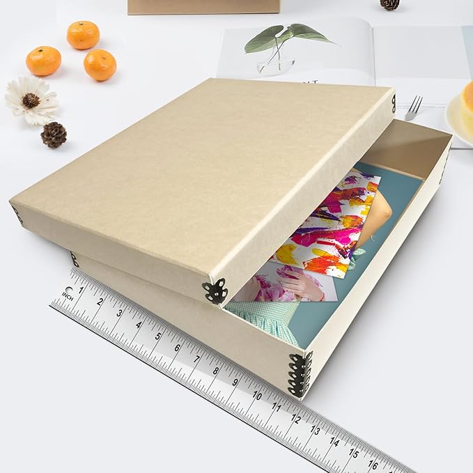 Lineco Museum Archival Storage Box, 11.75x14.75x3 in. Drop Front Design. Acid-Free with Metal Edge. Organize Photos, Pictures, Prints, Documents, Crafts, DIY. Tan, 1 Pack