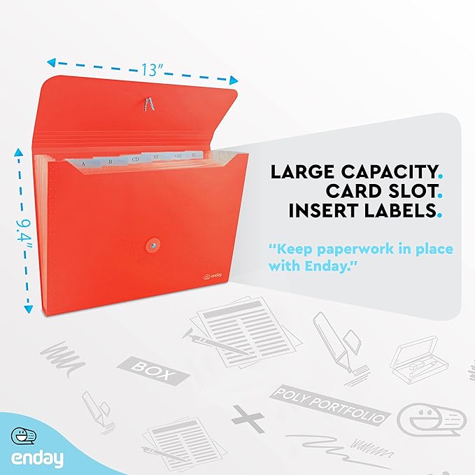 Accordion File Organizer Red, 7 Pocket Expanding File and Cover Folder with Labels, Plastic Portable Desktop Letter A4 Paper, Also Available in Purple, Green, Pink, Blue, Grey, 1 Pc – by Enday