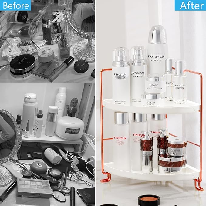 FSyueyun 2-Tier Corner Bathroom Counter Organizer, Tool-Less Installation Vanity Shelf Small Plastics Countertop Makeup Tray Skincare Perfume Organizers (Rose Gold)