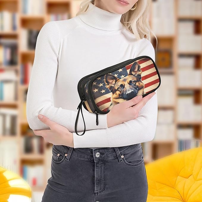 BOENLE Dog German Shepherd American Flag Pencil Case Box Boys Girls Large Pencil Pouch Zipper Compartments Big Capacity Stationery Pen Bag Organizer for Kids Teens Adults School