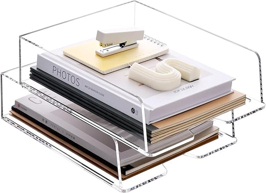 HeZone Enlarged Letter Paper Tray - Clear Acrylic Desk Organizers for Document Organization and File Storage - Stackable Office Accessories - 2 Pack (Large Tray V)