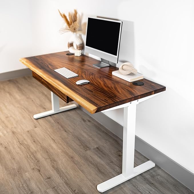 Standing Desk with Drawer – Walnut Solid Wood Desk, Natural Live Edge, Adjustable Height Dual Motor, Sit Stand for Home Office (White, W60 x D27)