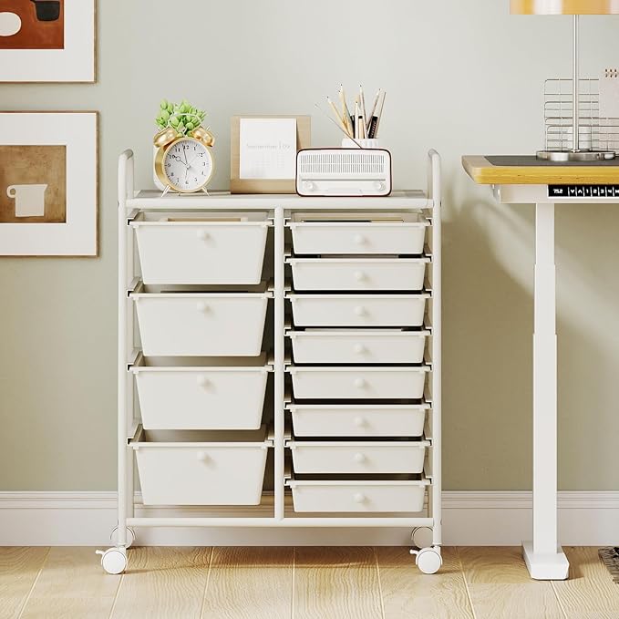 LDAILY 12 Drawer Rolling Storage Cart, Rolling Cart with Drawers for Classroom, Art Supply Craft Organizer on Wheel with Metal Frame & Handles for Home Office School (White, 12 Drawer Left-Right)