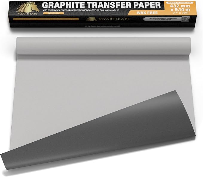 MyArtscape Graphite Transfer Paper Roll – 17" x 30ft Large Tracing Paper – Wax-Free Carbon Paper for Tracing on Canvas, Paper & Wood – Erasable Carbon Transfer Paper for Drawing & Sketching
