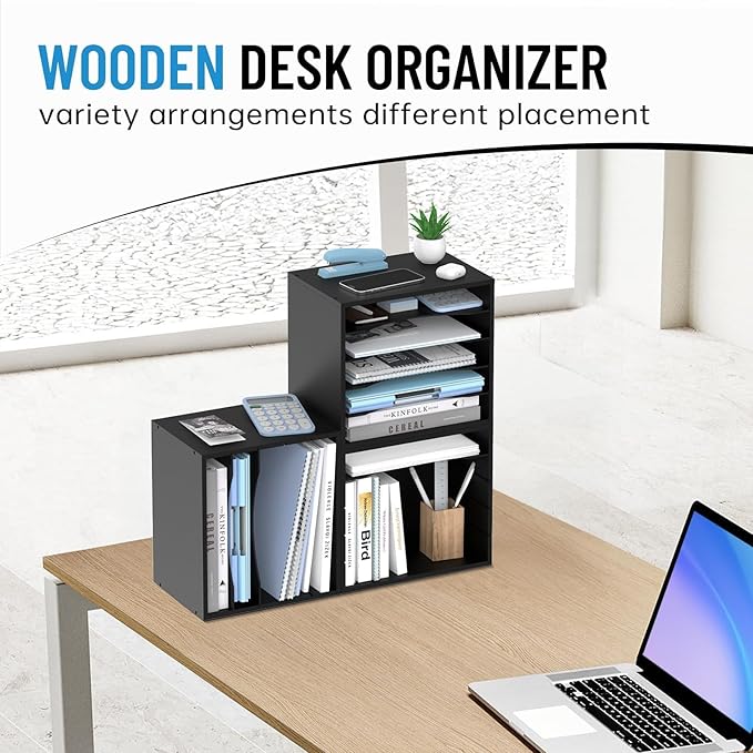 SHARKWOODS 5-Tier Wood Desk Organizer, Paper Tray Organizer for Desk with Adjustable Storage Shelves, Desktop File Organization Paper Sorter Mail Holder for Office Home Classroom, Black