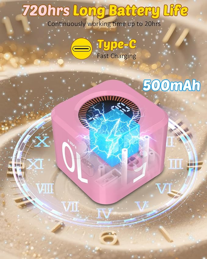 Digital Pomodoro Timer Cube 5/10/25/50min, Visual Productivity Flip Timer for Kids Classroom Desk, Custom Countdown, Silent and Sound Mode for ADHD Study Work Game Kitchen (Pink)