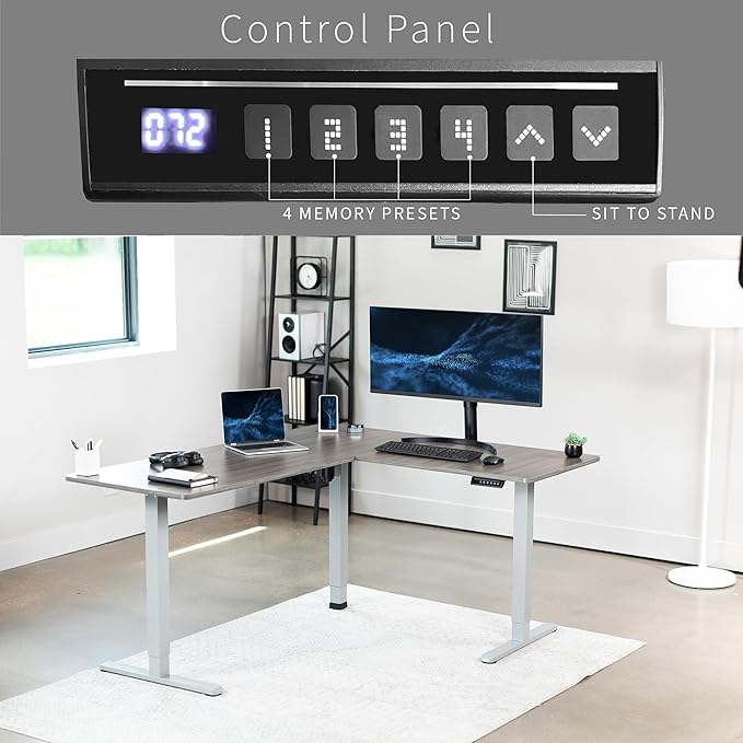VIVO Electric Corner 63 x 55 inch L-Shaped Standing Desk, Memory Height Adjustment, Dark Gray Top Gray Frame, DESK-E3CTGG
