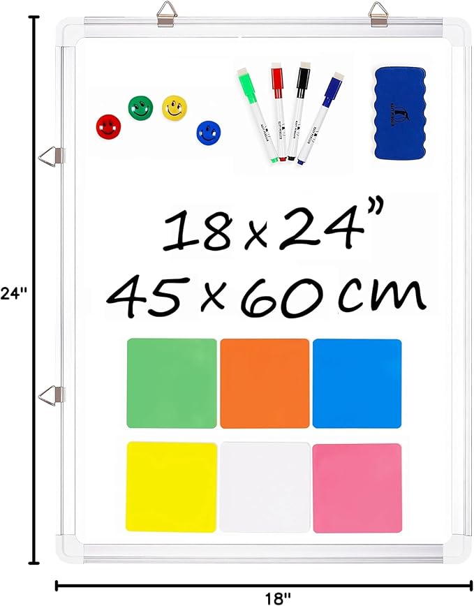 Whiteboard Set - 24 x 18 in Dry Erase Board with 1 Magnetic Eraser, 4 Dry Wipe Markers, 4 Magnets and 6 Magnetic Labels - Wall Hanging Reminder Kanban White Board for Home and Office (24x18 inch)