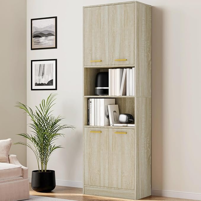 Cozy Castle Kitchen Pantry Cabinet, 75" Tall Wood Storage Cabinet with Doors and Shelves, 4 Doors Open Countertop Utility Hutch Cupboard for Dining Room Living Room Bathroom Furniture, Whitewashed Oak
