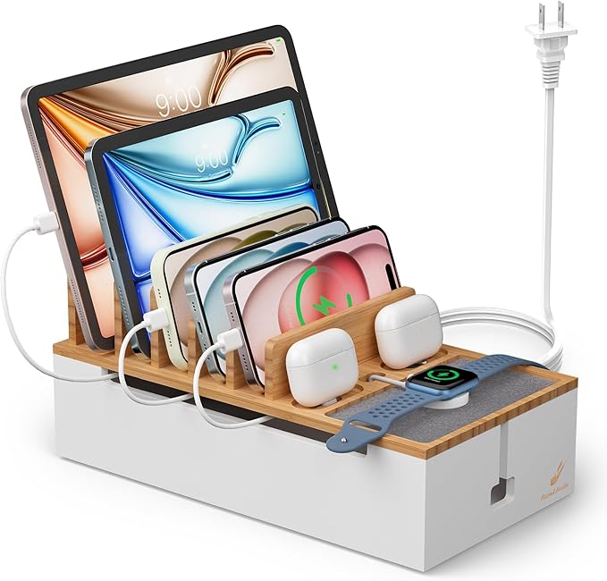 Pezin Hulin Multi Devices Charging Station, with USB Power Adapter HUB, and 6 Wire Cables - Cord Organizer Management, Cell Phone Charger Dock Stand, Desktop Cord Hider Box - Natural +White