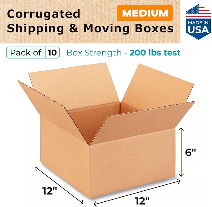 Medium Moving & Shipping Boxes 12x12x6 inches (10-Pack) - Extra Strength 200 lb vs Regular - Corrugated Boxes for Packaging - Medium Box for USPS, UPS, FedEx - Carton Box by IDL Packaging