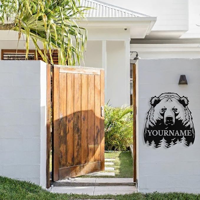 Custom Bear Metal Sign, Custom Bear Metal Wall Art Decor, Personalized Last Name Signs for Home, Rustic Farmhouse Black Wall Decor for Cabin, Bedroom, Living Room, Porch