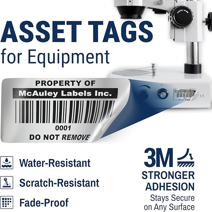 McAuley Labels Custom Asset Tags for Equipment - Numbered, Permanent - Heavy Duty Metalized Polyester, Stronger Adhesive - ID Label - 1.5x0.75 Inches
