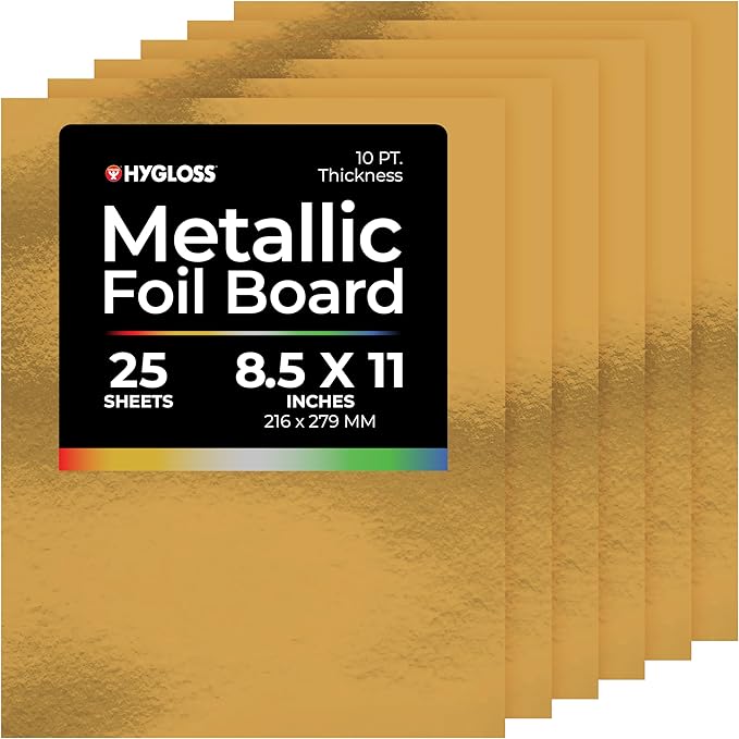 Hygloss Metallic Cardstock Sheets – 25 Shiny Gold Sheets, 8.5” x 11” - Sturdy 10 pt. – Metallic Foil Board Paper for Crafts, Scrapbooking, Posters & Decorations