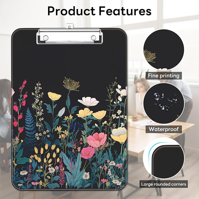 Luminzo Plastic Cute Clipboard Low-Profile Metal Clip, A4 Letter Size 9 x 12.5 in, 8.5 x 11 Paper Clip Board for Teachers, Nurses, Classroom,Wild Flower