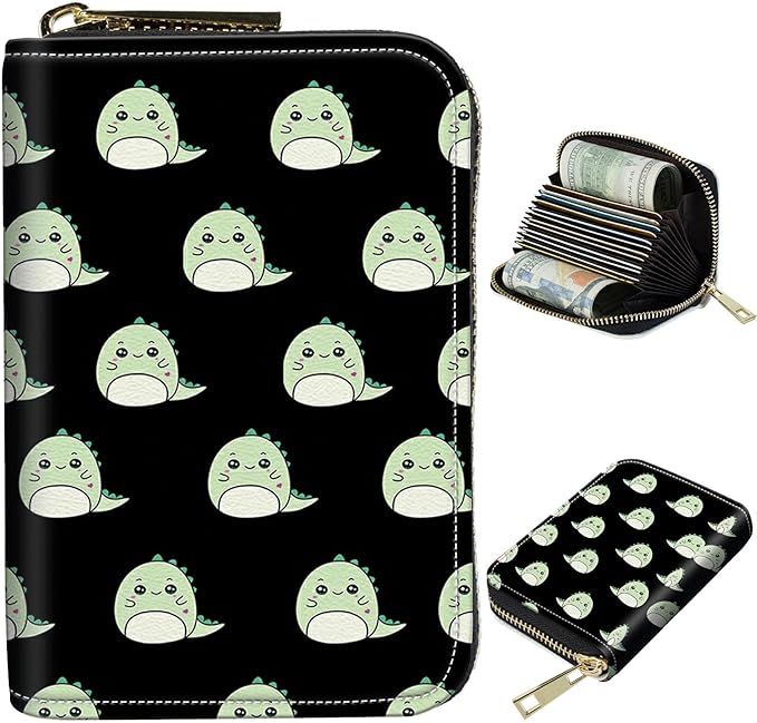 BWEGRHE Cute Credit Card Holder with Zipper, Cute Dinosaurs RFID-Blocking Card Case Small Wallet for Women Men, Multi-slot Card Organizer Case Travel Accordion Wallet
