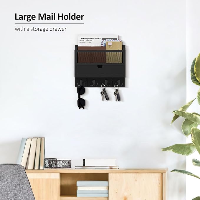 Nekon Mail Organizer with Drawer for Wall, 12"W x 10"H x 3.1"D Mail Sorter Wall Mounted, Wooden Key Holder Wall File Organizer Letter Sorter for Letter Magazines (Black)