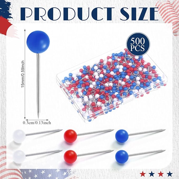 WILLBOND 500 Pack Map Push Pins Map Tacks Small Round Head Push Pins Thumb Tacks for Travel Picture Photo Bulletin Board Wall DIY Craft School Office Home(Red, Dark Blue, White,1/6 Inch)