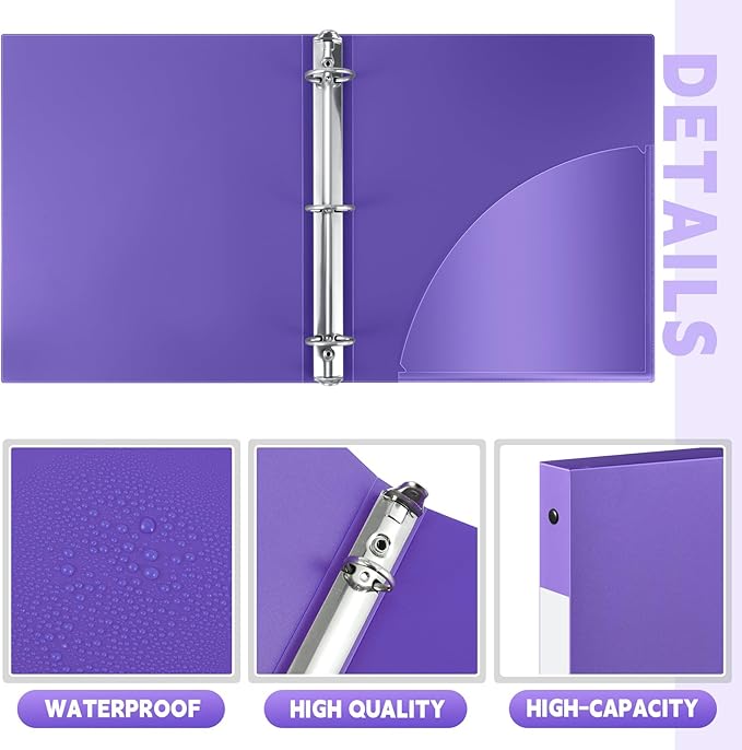 Henoyso 8 Pcs 3 Ring Binder 0.5 Inch Round Fits Letter Size 8.5'' x 11'' Paper Plastic Flexible Binder Bulk Holds 140 Sheets with 1 Pockets Versatile Organizer for Home Office School (Purple)