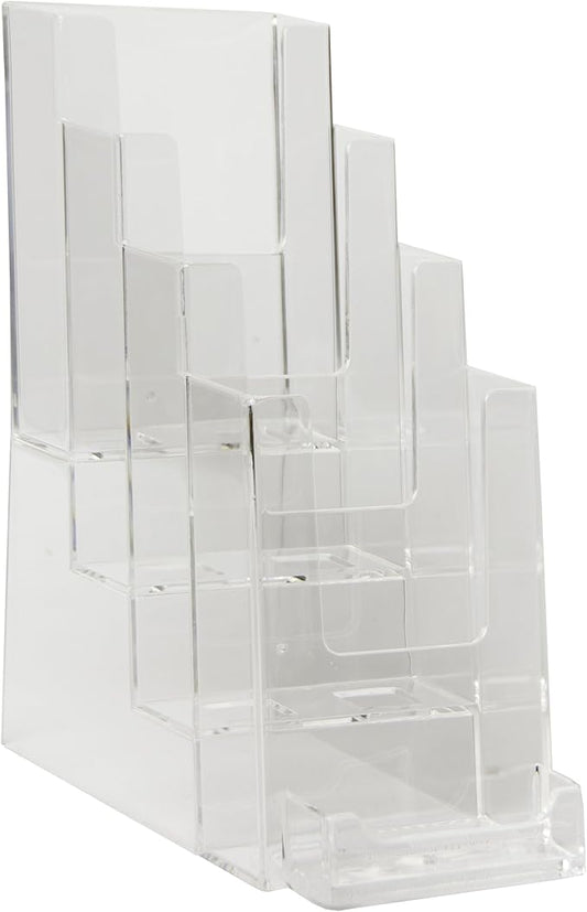 Clear-Ad - LHF-P104 - Acrylic Slant Back 4 Tier Trifold Brochure Display w/ Business Card Holder - Plastic Literature Holder for Flyers, Booklets, Bills, Mail, Letters, Cards, Pamphlets, Maps (2-Pack)