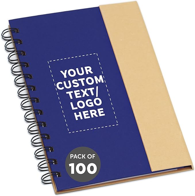 DISCOUNT PROMOS Custom Eco Friendly Spiral Notebooks with Pens Set of 100, Personalized Bulk Pack - Perfect for School, Office, Home - Blue
