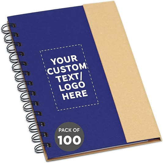DISCOUNT PROMOS Custom Eco Friendly Spiral Notebooks with Pens Set of 100, Personalized Bulk Pack - Perfect for School, Office, Home - Blue