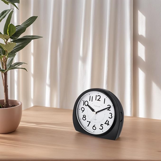 Tinload 5.5" Large Analog Alarm Clock Silent Non Ticking, Gentle Wake, Beep Sounds, Increasing Volume, Battery Operated Snooze and Manual Light, Easy Set, Black (Best for Elder)