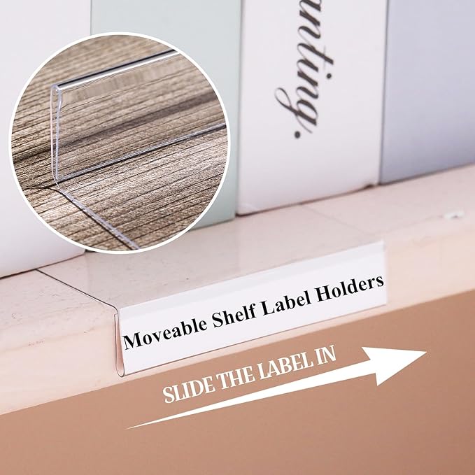 Containlol 50 Pcs Moveable Shelf Label Holders, Clear Bookshelf Label Library Shelf Markers Bookshelf Divider Tags for Library Office Classroom Home(6.5 x 3 x 0.63 Inch)