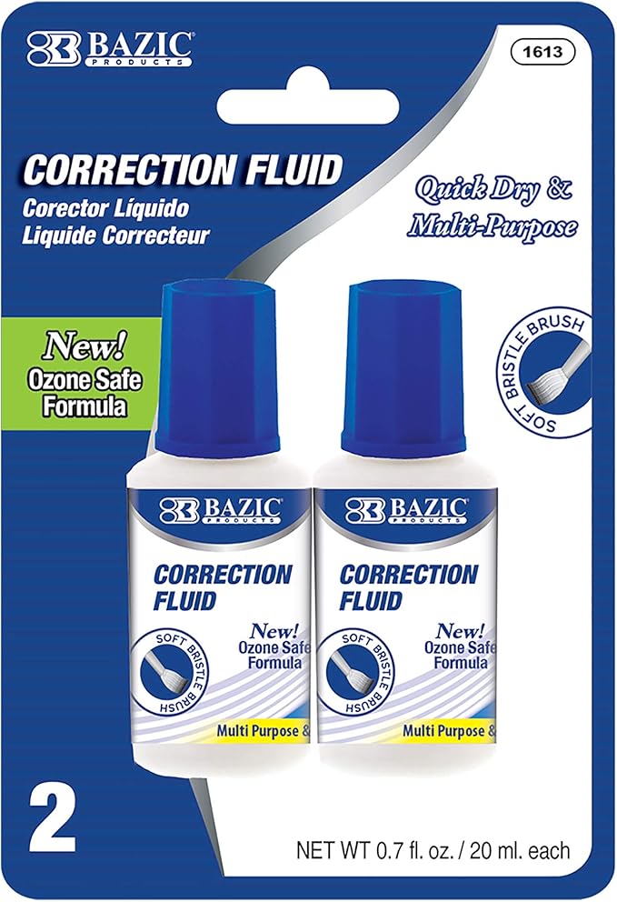 BAZIC Products Correction Fluid (0.7 oz / 20 ml), Soft Bristle Brush Applicator, Instant Corrections Pen White Out Wipe Out Liquid (2/Pack), 1-Pack