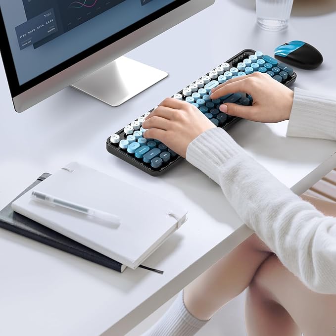 MOFII Wireless Keyboard and Mouse Combo, Full Size 2.4G Plug and Play Typewriter Retro Round Computer Keyboard and Mouse Set for Windows, Computer, Desktop, PC, Notebook - (Black Blue Gradient)