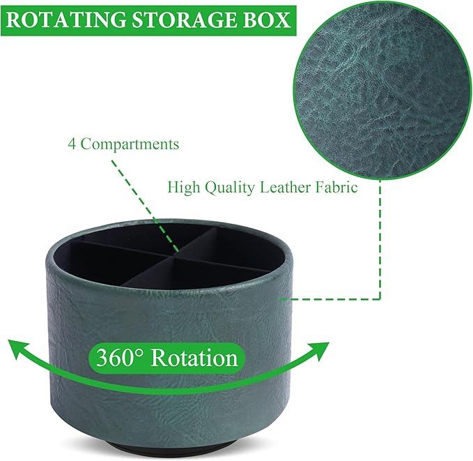 Hennaja Round Leather Art Supply Organizer,Remote Control Holder,360 Degree Spinning,Multi-Functional Pencil Holder,4 Compartments Desktop Stationary Organizer(1-Crazy Green)