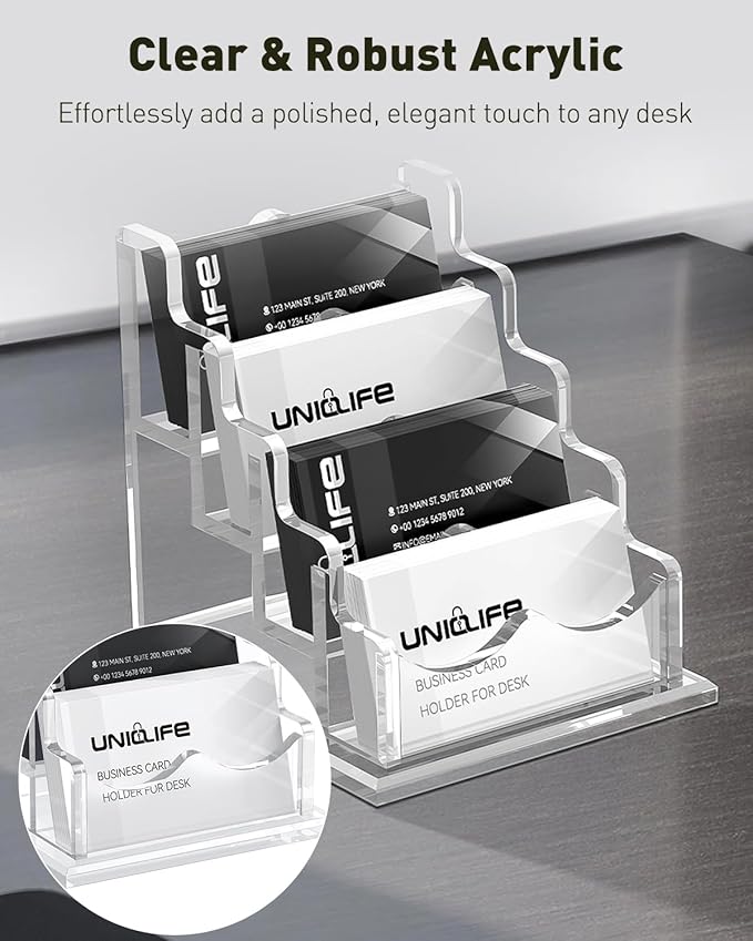 Uniclife Acrylic Business Card Holder for Desk 4 Slots Clear Horizontal Business Card Display Stand for Men & Women Desktop Name Card Organizer Card Stand for Office Home Exhibition, 240 Card Capacity