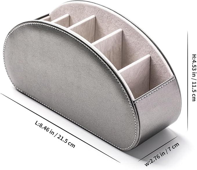 Remote Control Holders Organizer Box with 5 Compartment PU Leather Multi-functional Office Desk Storage Caddy Store Tv Remote for Media Player,Brush,Pencil,Glassees&Office Supplies (Sliver)