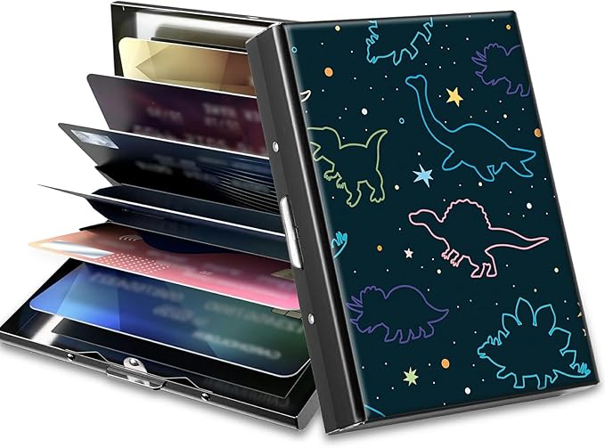 BWEGRHE Slim Credit Card Holder, Fun Dinosaurs RFID Blocking Metal Wallet for Men & Women, Aluminum Minimalist Hard Case Pocket-Sized Business Cards Organizer (Fits Up to 10 Cards)