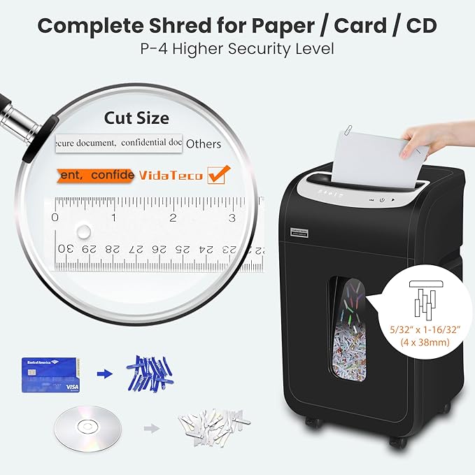 VidaTeco Paper Shredder for Home Office Heavy Duty with 60 Mins Running with US Patented Cutter,Shred CD/Card with Extra Large Bin,AUTO Jam Proof(ETL) (25-Sheet Cross Cut)