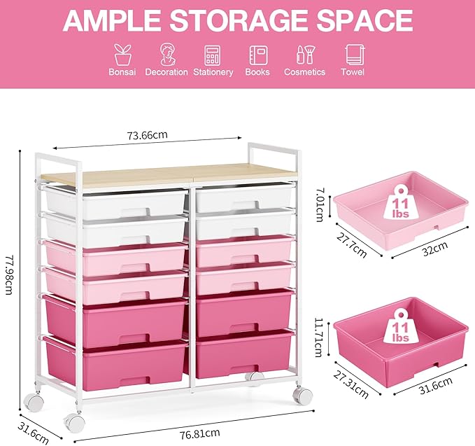 Rolling Storage Cart with 12 Drawers, Wooden Tabletop Utility Cart for Craft Storage, Art Supply Storage & Home Office Organization, Teacher Cart with Wheels for Classroom Organization, School