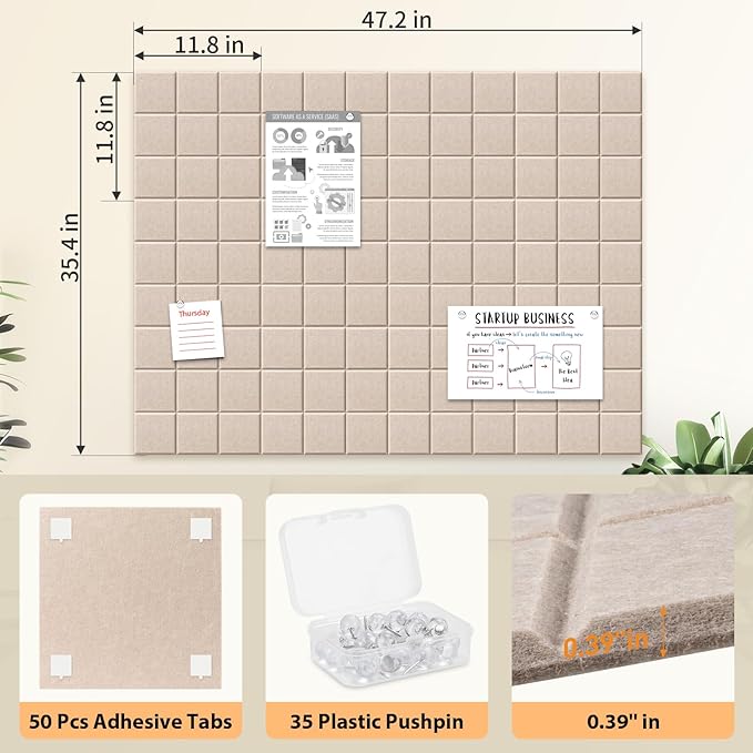 Smarpau Cork Board 48"X36", 12 Pack Nine-Grid Felt Bulletin Boards, Small Pin Board with Removable Adhesive Tabs Pushpins, Cork Wall Tiles for Office Home Classroom Decor -Deep Camel