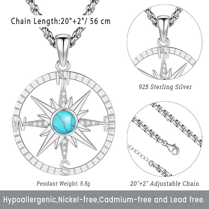 Compass Necklace for Women Men 925 Sterling Silver Pendant Urn Necklaces for Ashes Picture Locket Necklace Anchor Necklace Viking Necklace Crystals CZ Moonstone Abalone Shell Turquoise Compass Jewelry