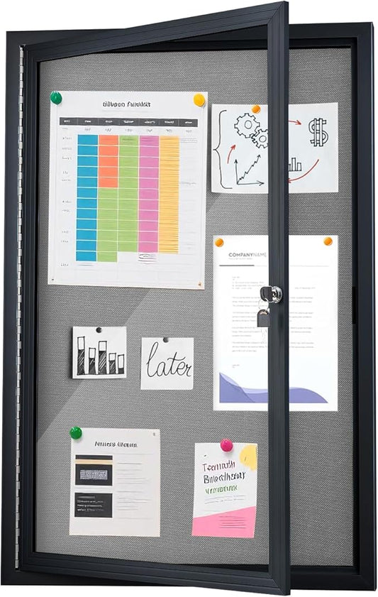 Homezelle Enclosed Bulletin Board 36"x24" Outdoor Weatherproof Cork Noticeboard with Locking Door Wall-Mounted Gray Fabric Black Aluminium Frame for Home, School, Office, Community, Hospital