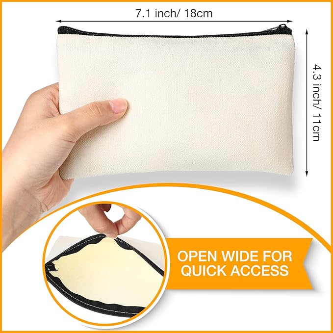 Reginary 80 Pack Canvas Zipper Makeup Bags Bulk Pencil Pouches Blank DIY Craft Canvas Cosmetic Bag Pouch with Zipper for Makeup Cosmetic Toiletry Stationary Storage(Natural and Black Zippers)