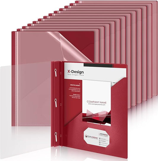 Teling 24 Pcs Clear Front Report Covers with 3 Prongs, Plastic Dark Red Presentation Folders Bulk with 3 Pockets for A4 and Letter Size Paper, 90 Sheet Capacity, Document Covers for School Business