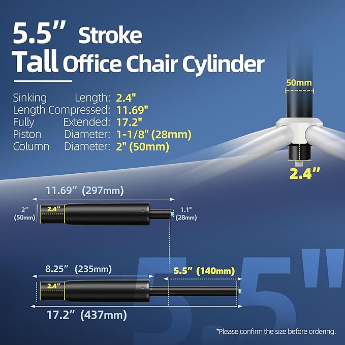 9 Inches to 15 Inches Short Office Chair Cylinder Replacement, 5.5" Stroke, Heavy Duty 1000 lbs, Lower the Seat Height by 2", Fits for Office Chair High Base Short Person, Class4 (Sinking 2.4")