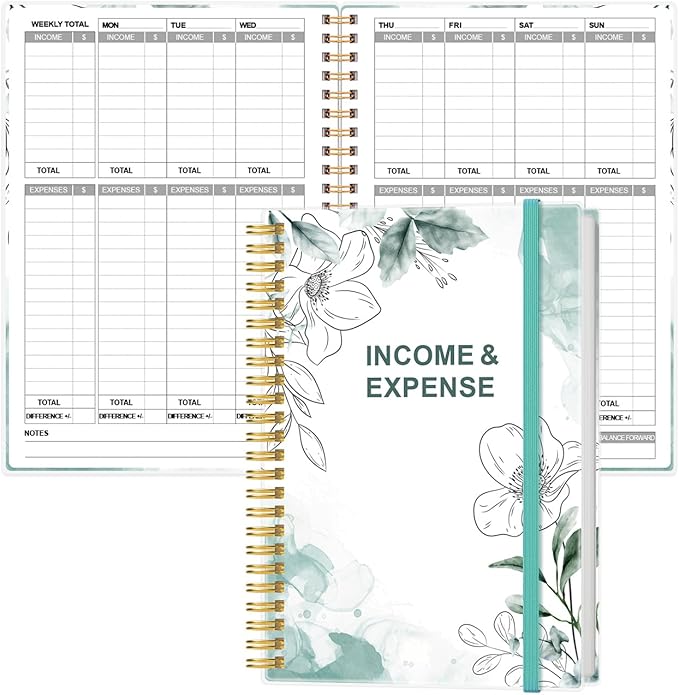 Heveboik Income & Expense Log Book - A5 Income and Expense Tracker for Small Business, Accounting Bookkeeping Tracking for Woman and Man, 5.8" x 8.3", Blue Flower