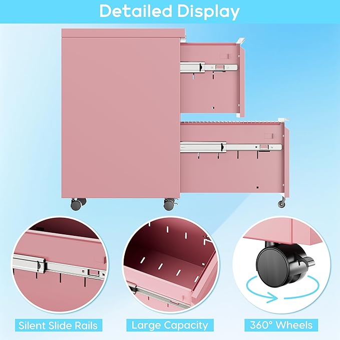 METAN 2 Drawer File Cabinet with Lock, Mobile Under Desk Filing Cabinet for Office Legal/Letter Size, Fully Assembled Except Wheels,Pink