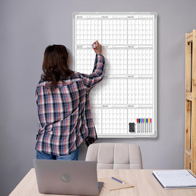 Lincia 36" x 24" Magnetic Vertical Yearly 12 Month Dry Erase Calendar for Wall 2026 Undated Dry Erase Wall Calendar Planner Aluminum Frame Whiteboard for Home Office Projects Fridge