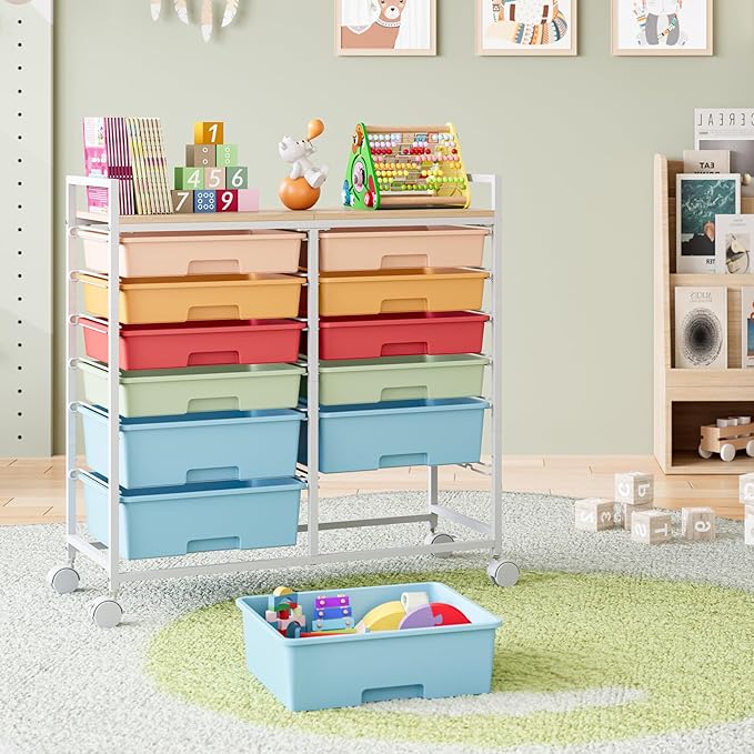 Rolling Storage Cart with 12 Drawers, Wooden Tabletop Utility Cart for Craft Storage, Art Supply Storage & Home Office Organization, Teacher Cart with Wheels for Classroom, School (Rainbow)