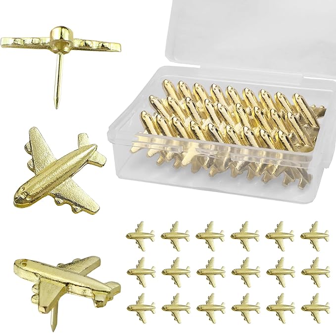 Gold-Tone Airplane Push Pins 30 Pack - Metal Thumb Tacks for Cork Bulletin Board,Photos Wall,Maps,Office and Home Decoration