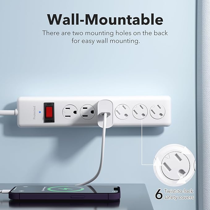 BN-LINK 6-Outlet Power Strip Surge Protector 1-Pack, 4-Foot Extension Cord, 600 Joules, Twist-to-Close Safety Covers, 90 Degree Flat Plug, Overload Protection, White