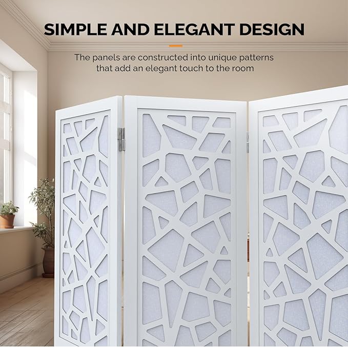 VINGLI 70'' H Room Divider, Non-Woven Fabric Privacy Screen, Indoor Partition Wall Dividers, Freestanding Hinged Space Separator with Modern Unique Pattern (White, 4 Panel)